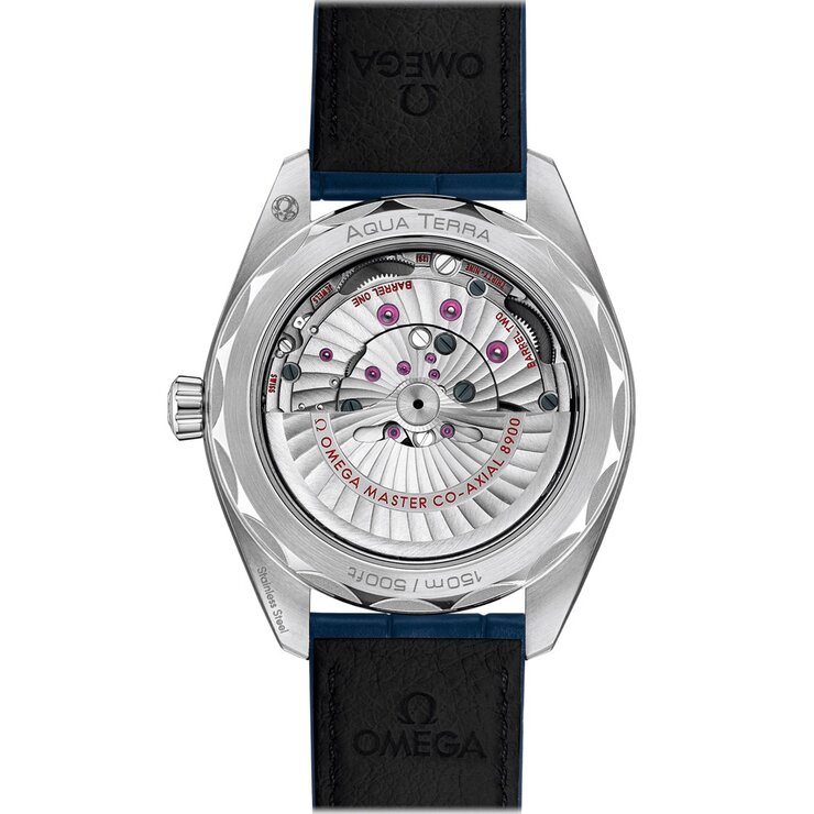 Omega horloge met een kast in staal, met een wijzerplaat in het blauw en een diameter van 41