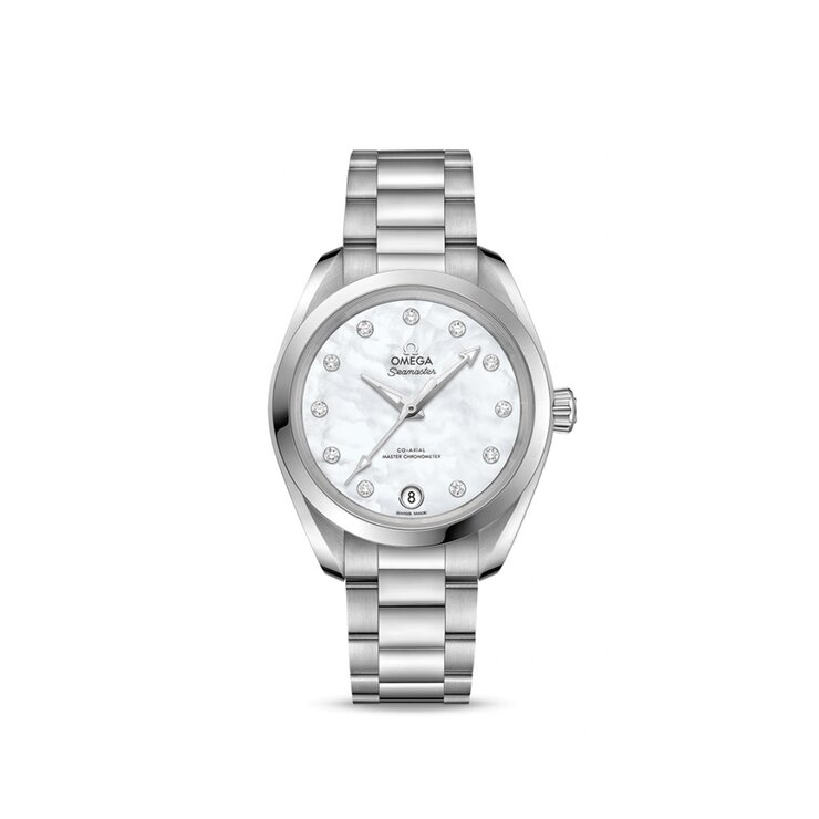 Omega horloge met een kast in staal, met een wijzerplaat in het parelmoer met  briljant en een diameter van 34