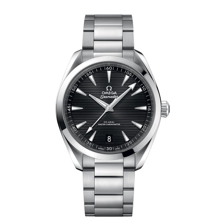 Omega horloge met een kast in staal, met een wijzerplaat in het zwart en een diameter van 41