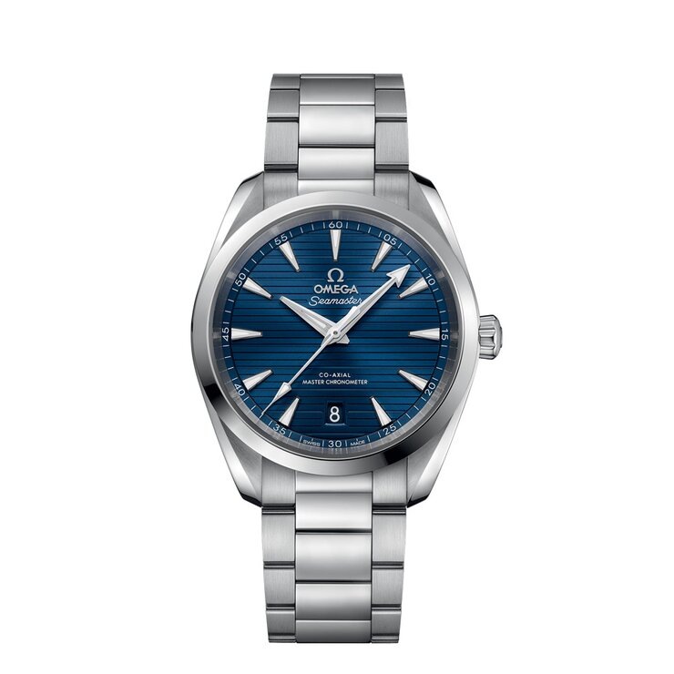 montre Omega avec un boîtier en acier, un cadran bleu et un diamètre de 38