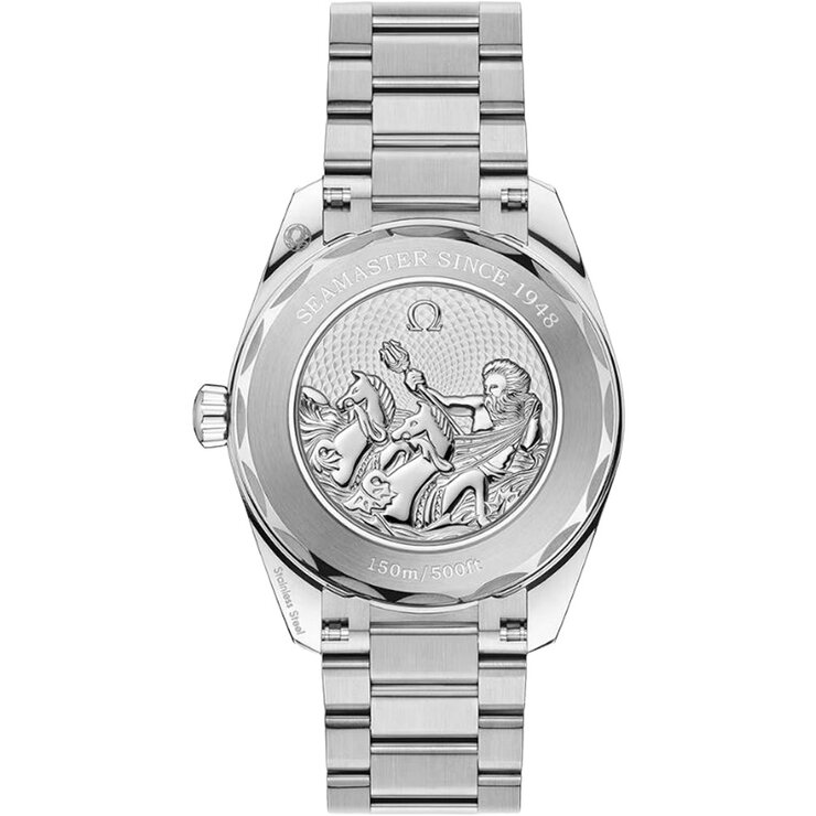 Omega horloge met een kast in staal, met een wijzerplaat in het blauw en een diameter van 38