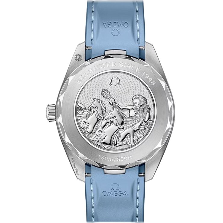 Omega horloge met een kast in staal, met een wijzerplaat in het blauw en een diameter van 41 mm