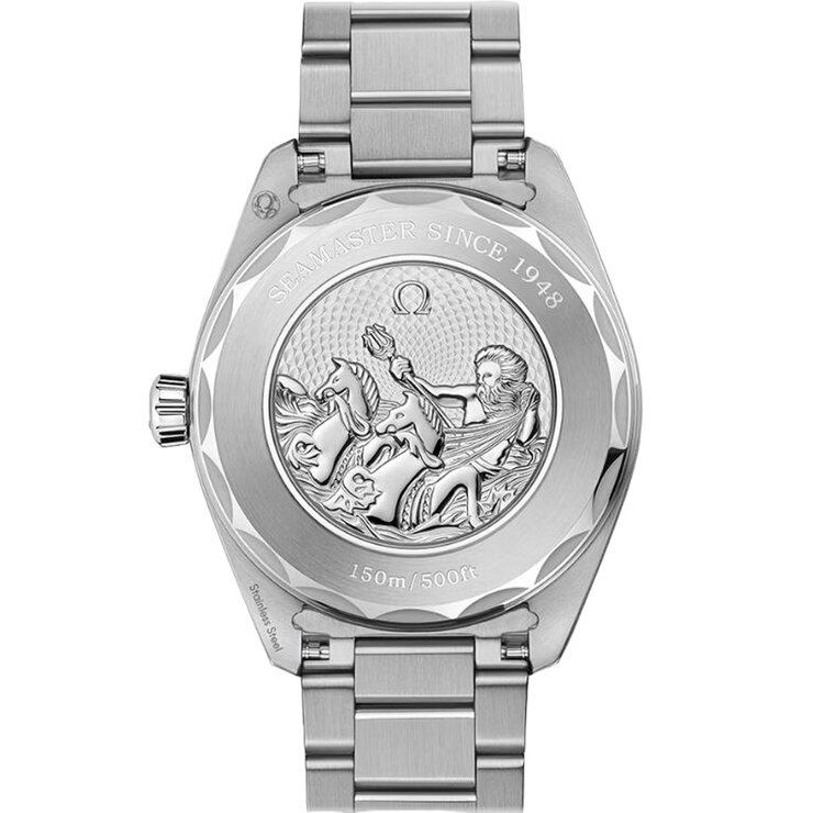 Omega horloge met een kast in staal, met een wijzerplaat in het blauw en een diameter van 43 mm