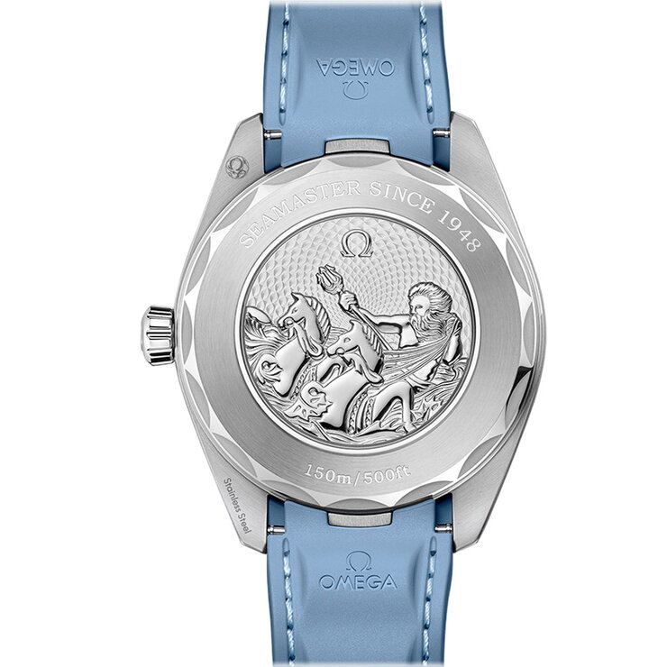 Omega horloge met een kast in staal, met een wijzerplaat in het blauw en een diameter van 43