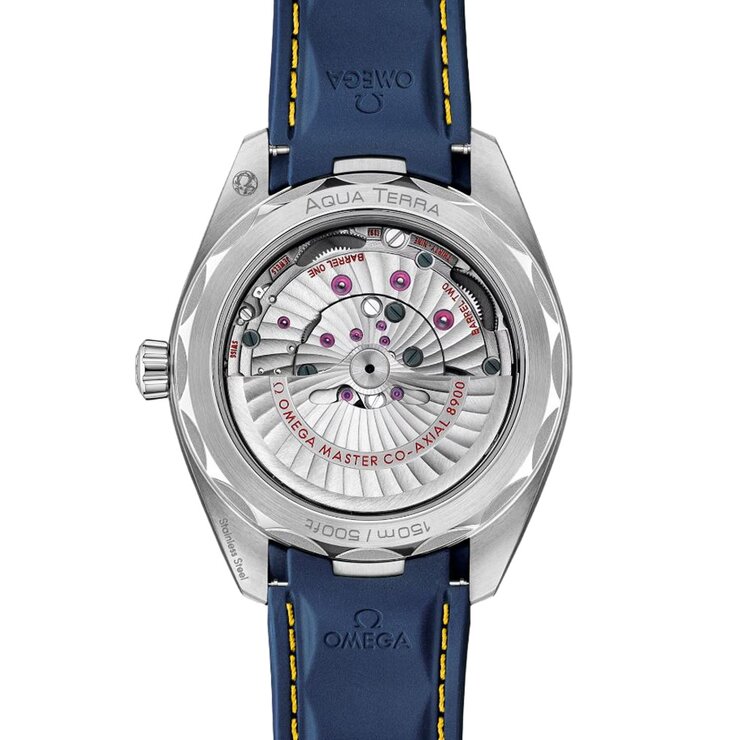 Omega horloge met een kast in staal, met een wijzerplaat in het blauw en een diameter van 41 mm