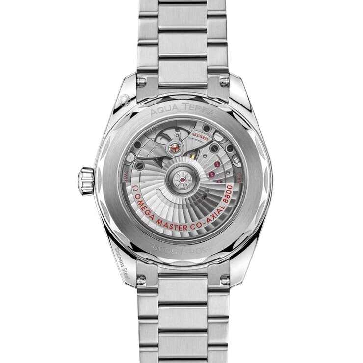 Omega horloge met een kast in staal, met een wijzerplaat in het blauw en een diameter van 38 mm