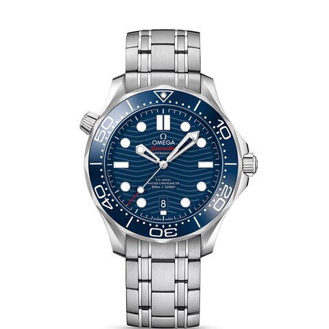 Omega horloge met een kast in staal, met een wijzerplaat in het blauw en een diameter van 42 mm