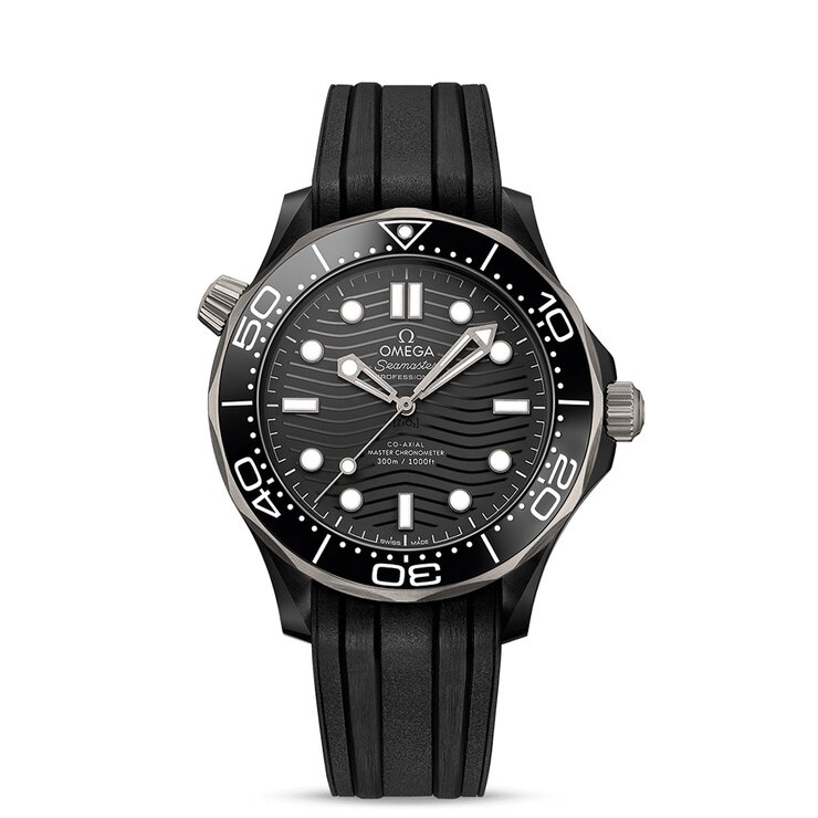 Omega horloge met een kast in keramiek, met een wijzerplaat in het zwart en een diameter van 43,5