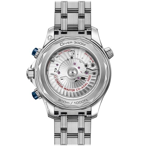 Omega horloge met een kast in staal, met een wijzerplaat in het blauw en een diameter van 44 mm