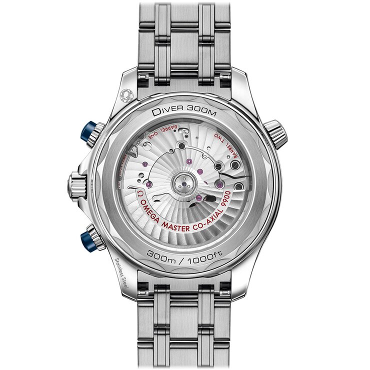 Omega horloge met een kast in staal, met een wijzerplaat in het blauw en een diameter van 44