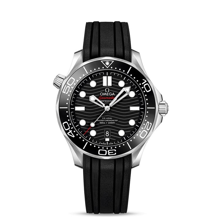 Omega horloge met een kast in staal, met een wijzerplaat in het zwart en een diameter van 42