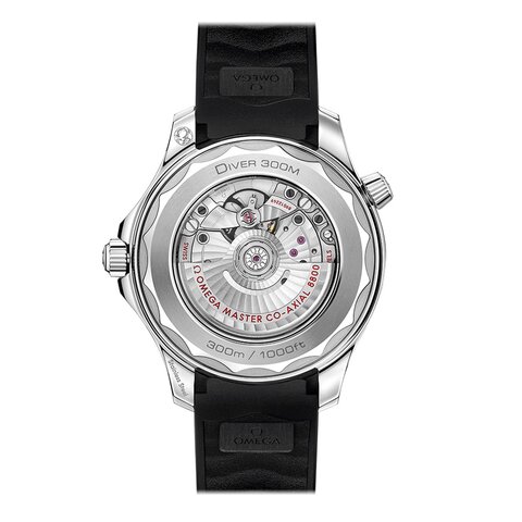 Omega horloge met een kast in staal, met een wijzerplaat in het zwart en een diameter van 42 mm