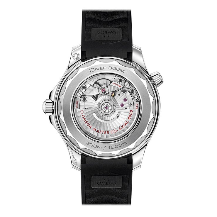 Omega horloge met een kast in staal, met een wijzerplaat in het zwart en een diameter van 42