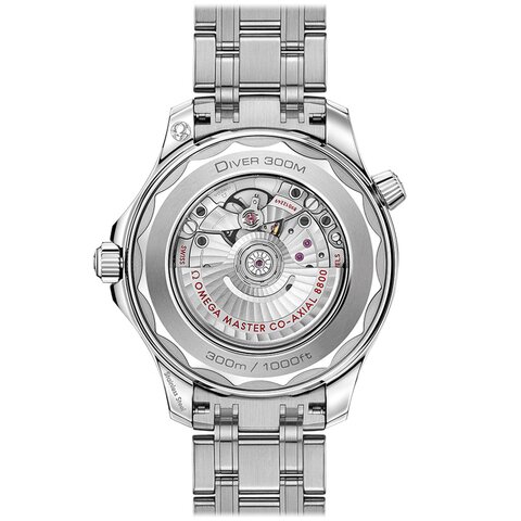 Omega horloge met een kast in staal, met een wijzerplaat in het zwart en een diameter van 42 mm