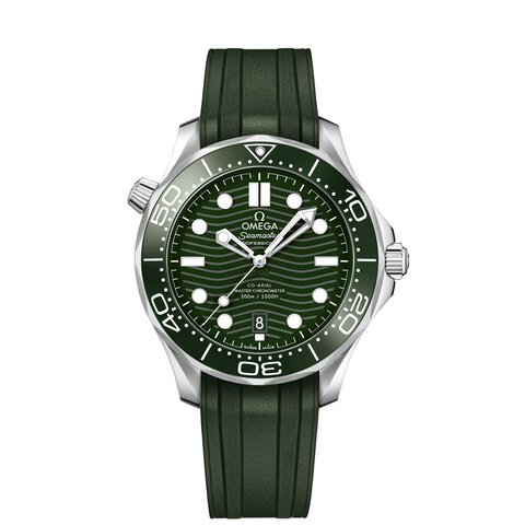 Omega horloge met een kast in staal, met een wijzerplaat in het groen en een diameter van 42 mm