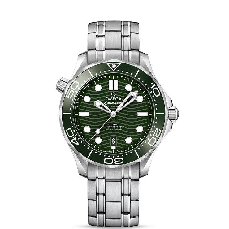 Omega horloge met een kast in staal, met een wijzerplaat in het groen en een diameter van 42