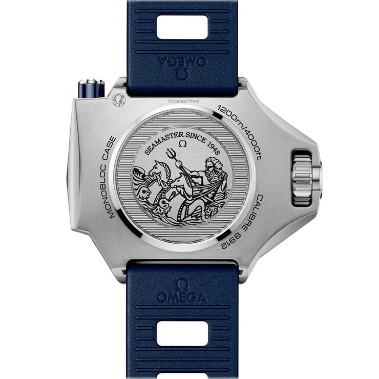 Omega horloge met een kast in staal, met een wijzerplaat in het blauw en een diameter van 55 x 45