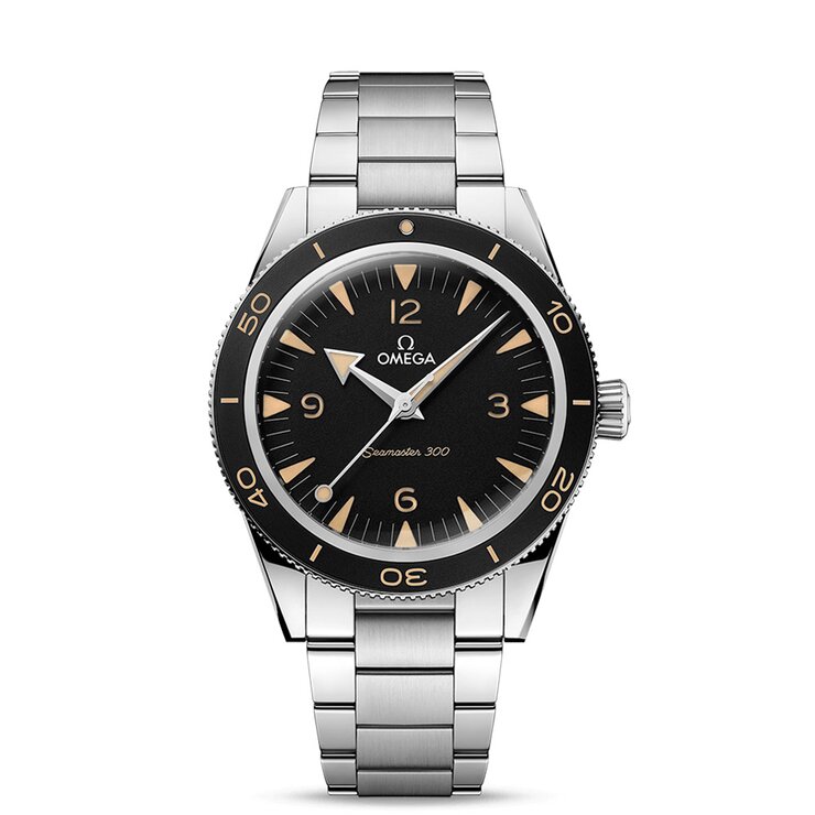 Omega horloge met een kast in staal, met een wijzerplaat in het zwart en een diameter van 41