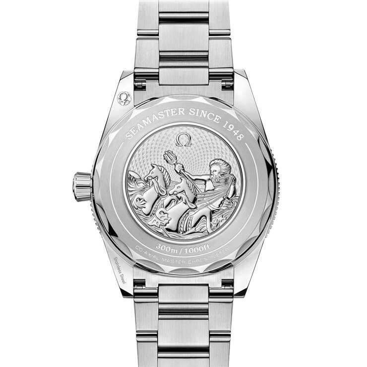 Omega horloge met een kast in staal, met een wijzerplaat in het blauw en een diameter van 41 mm