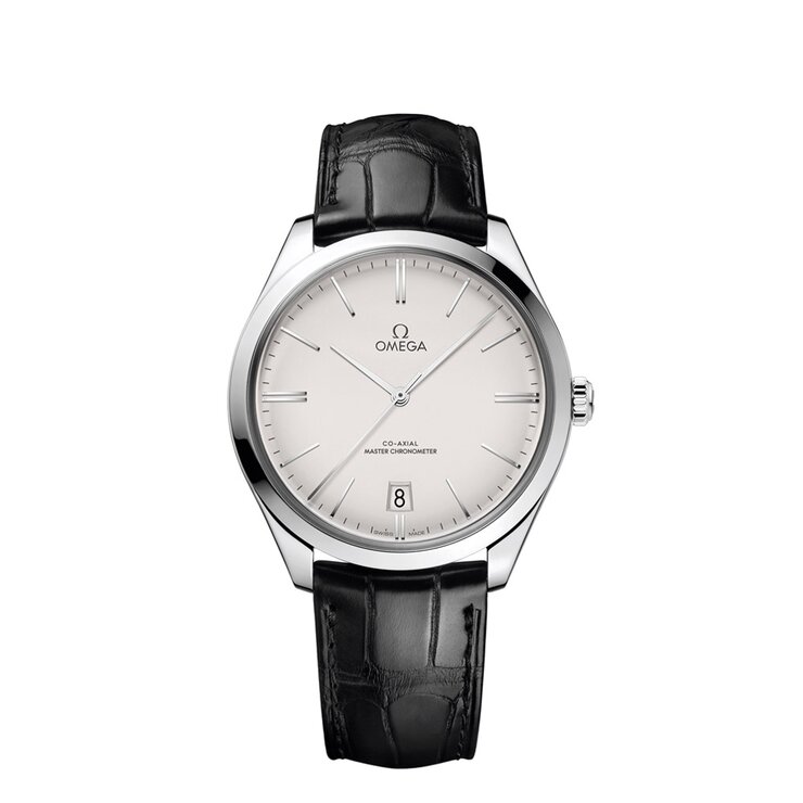 montre Omega avec un boîtier en acier, un cadran argent et un diamètre de 40