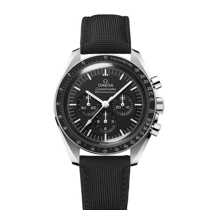 Omega horloge met een kast in staal, met een wijzerplaat in het zwart en een diameter van 42