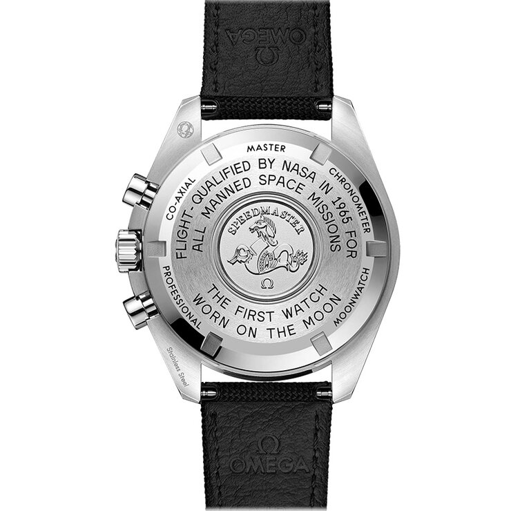 Omega horloge met een kast in staal, met een wijzerplaat in het zwart en een diameter van 42