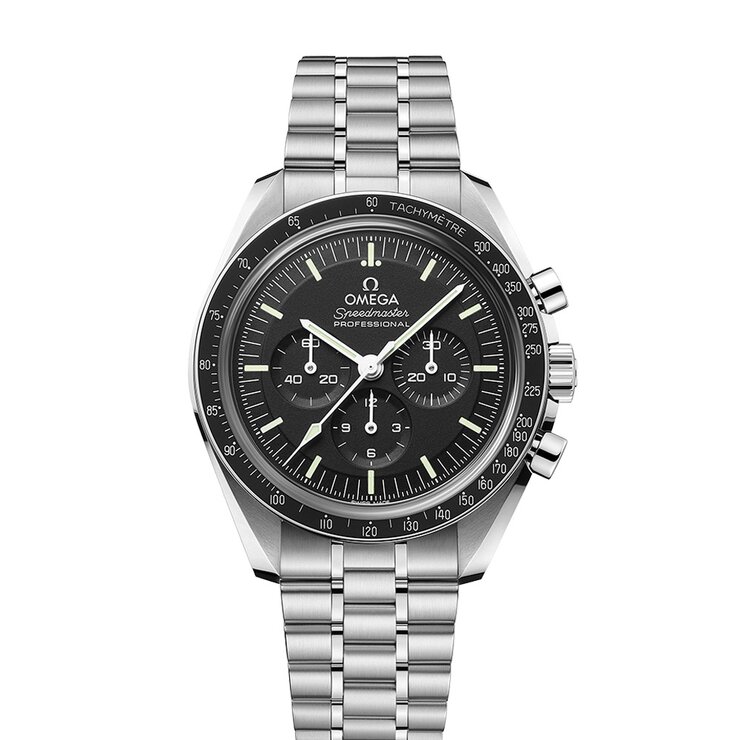 Omega horloge met een kast in staal, met een wijzerplaat in het zwart en een diameter van 42