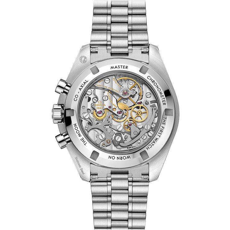 Omega horloge met een kast in staal, met een wijzerplaat in het zwart en een diameter van 42