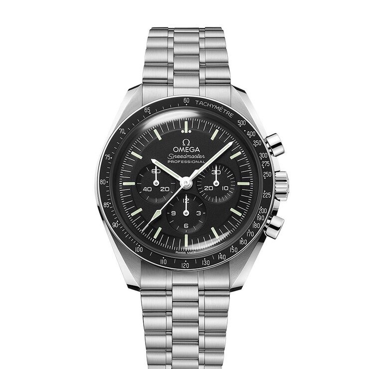 Omega horloge met een kast in staal, met een wijzerplaat in het zwart en een diameter van 42