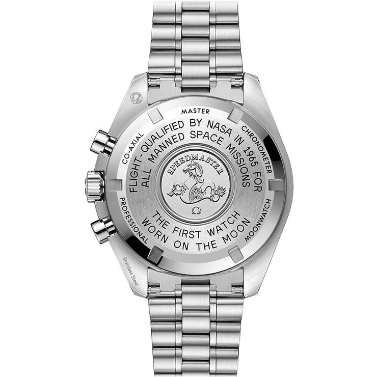 Omega horloge met een kast in staal, met een wijzerplaat in het zwart en een diameter van 42