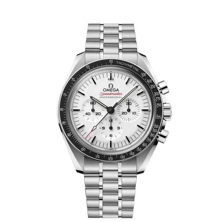 Omega horloge met een kast in staal, met een wijzerplaat in het wit en een diameter van 42