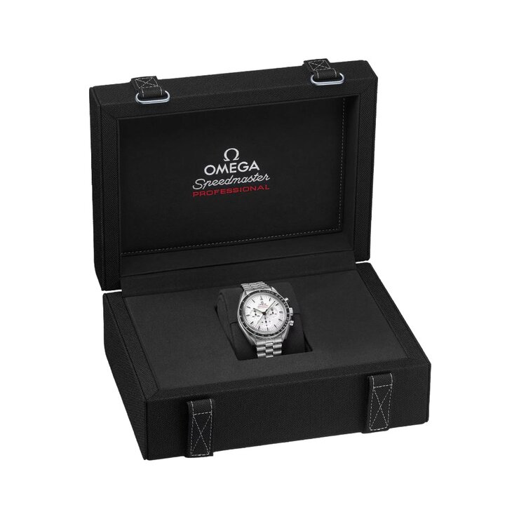 Omega horloge met een kast in staal, met een wijzerplaat in het wit en een diameter van 42 mm