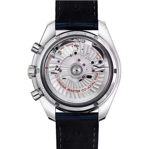 Omega horloge met een kast in staal, met een wijzerplaat in het blauw en een diameter van 44 mm