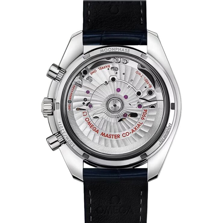 Omega horloge met een kast in staal, met een wijzerplaat in het blauw en een diameter van 44