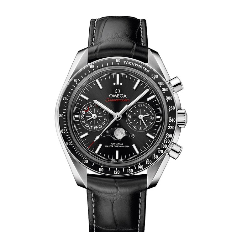 Omega horloge met een kast in staal, met een wijzerplaat in het zwart en een diameter van 44,25