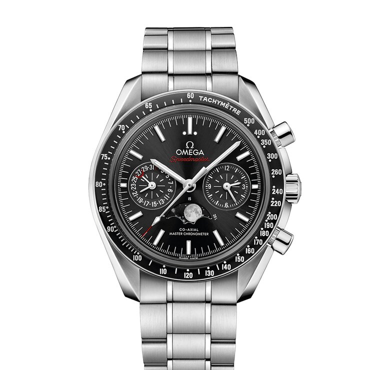 Omega horloge met een kast in staal, met een wijzerplaat in het zwart en een diameter van 44,25