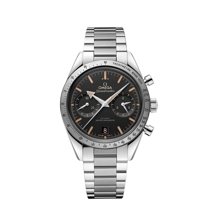 Omega horloge met een kast in staal, met een wijzerplaat in het zwart en een diameter van 40,5