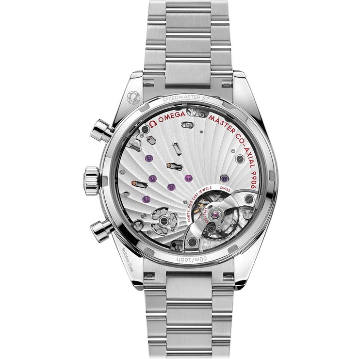 Omega horloge met een kast in staal, met een wijzerplaat in het zwart en een diameter van 40,5