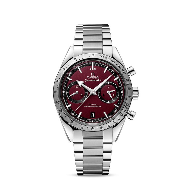 Omega horloge met een kast in staal, met een wijzerplaat in het rood en een diameter van 40,5
