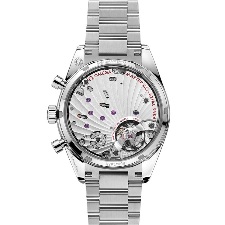 Omega horloge met een kast in staal, met een wijzerplaat in het rood en een diameter van 40,5
