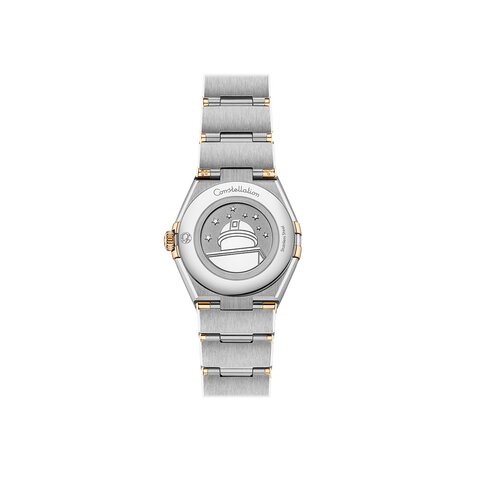 Omega horloge met een kast in geel goud op staal, met een wijzerplaat in het parelmoer met  briljant en een diameter van 28 mm