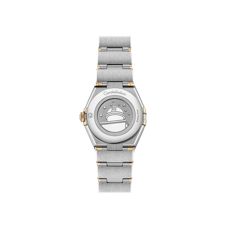 Omega horloge met een kast in geel goud op staal, met een wijzerplaat in het parelmoer met  briljant en een diameter van 28 mm