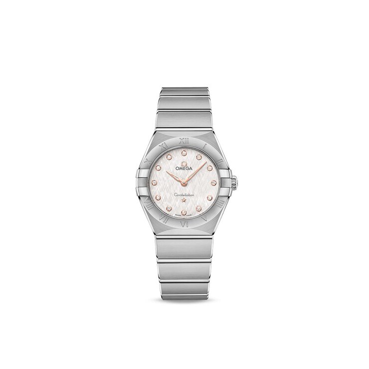Omega horloge met een kast in staal, met een wijzerplaat in het parelmoer met  briljant en een diameter van 28