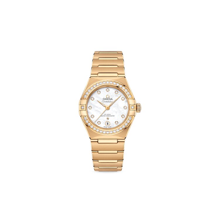 Omega horloge met een kast in geel goud, met een wijzerplaat in het parelmoer met  briljant en een diameter van 29