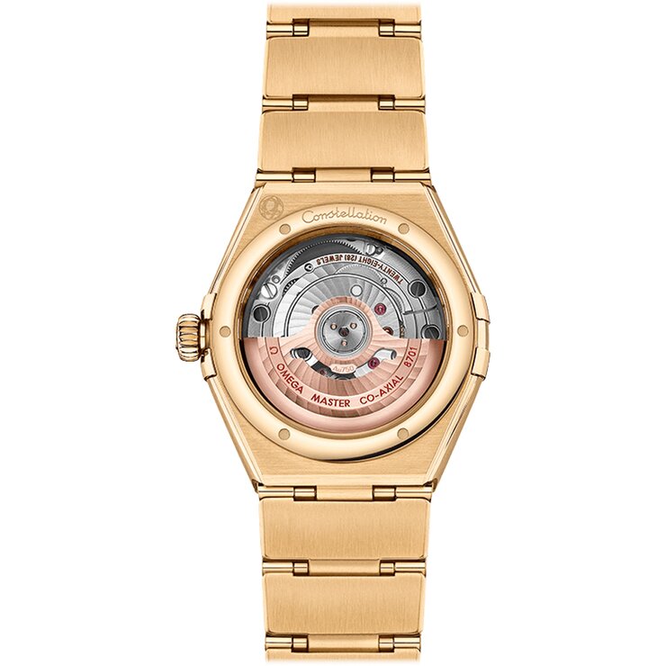 Omega horloge met een kast in geel goud, met een wijzerplaat in het parelmoer met  briljant en een diameter van 29