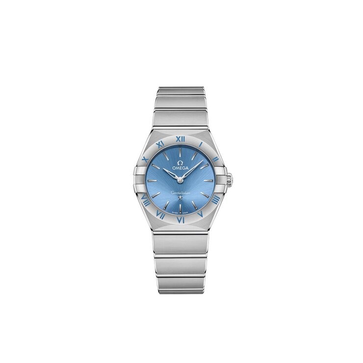 Omega horloge met een kast in staal, met een wijzerplaat in het blauw en een diameter van 28 mm