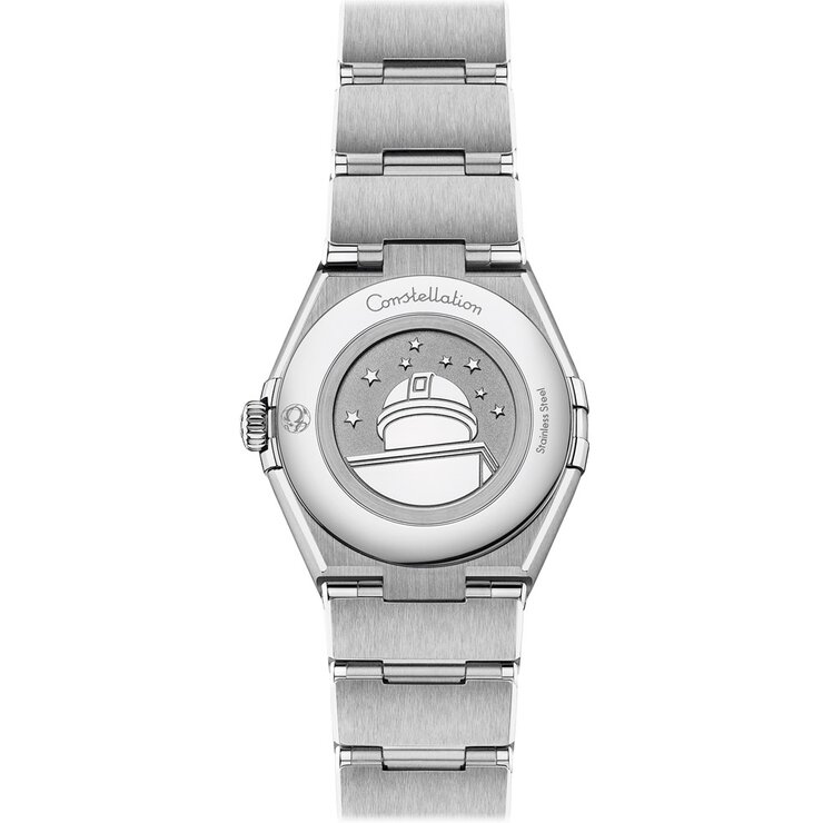 Omega horloge met een kast in staal, met een wijzerplaat in het blauw en een diameter van 28 mm