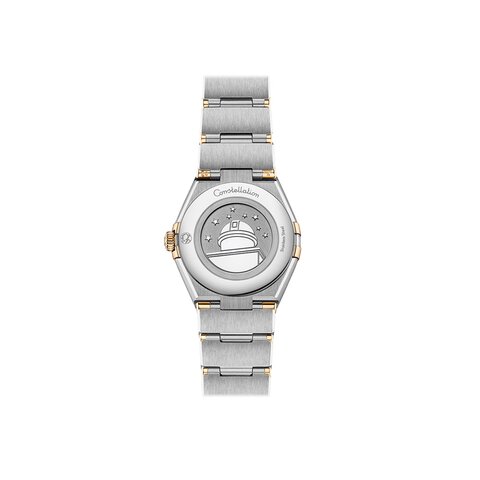 Omega horloge met een kast in geel goud op staal, met een wijzerplaat in het wit met  briljant en een diameter van 28 mm