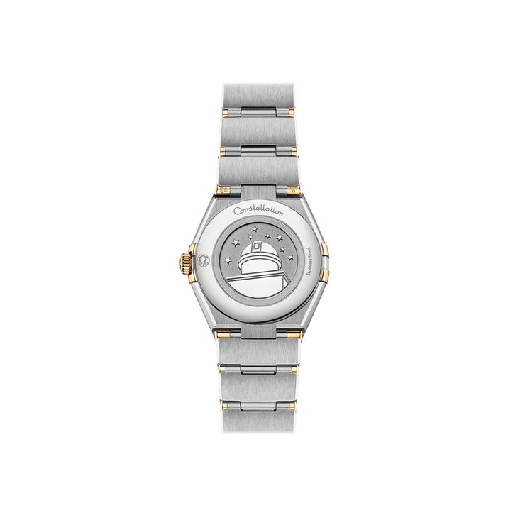 Omega horloge met een kast in geel goud op staal, met een wijzerplaat in het wit met  briljant en een diameter van 28 mm