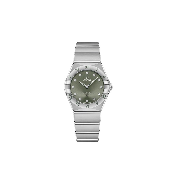 Omega horloge met een kast in staal, met een wijzerplaat in het groen met briljant en een diameter van 28 mm